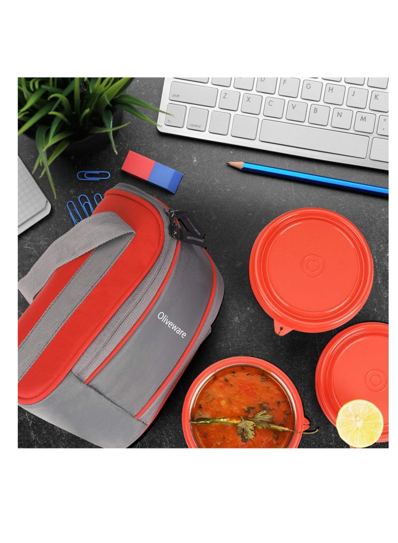 oliveware Boss Lunch Box - Red | Steel Range | Microwave Safe & Leak Proof | 3 Air-Tight Containers with Bag | Keep Food Hot | School, College & Office Use  - Image 4