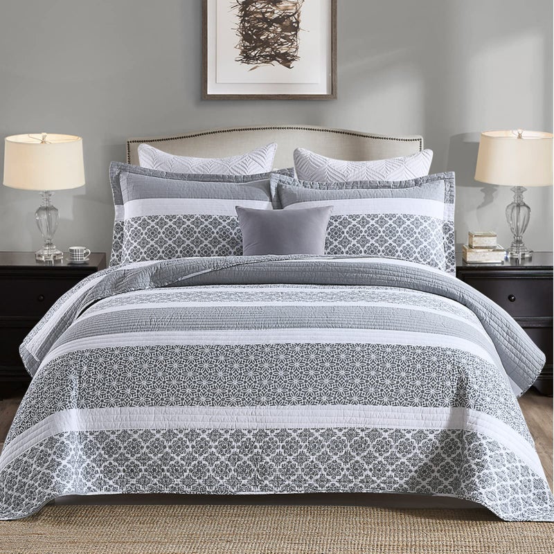 PERHOM King Quilt Sets  100 Cotton King Size Quilt Bluish Gray Stripe Floral Bedspread Lightweight Bedding Sets for All Season 3 Pieces
