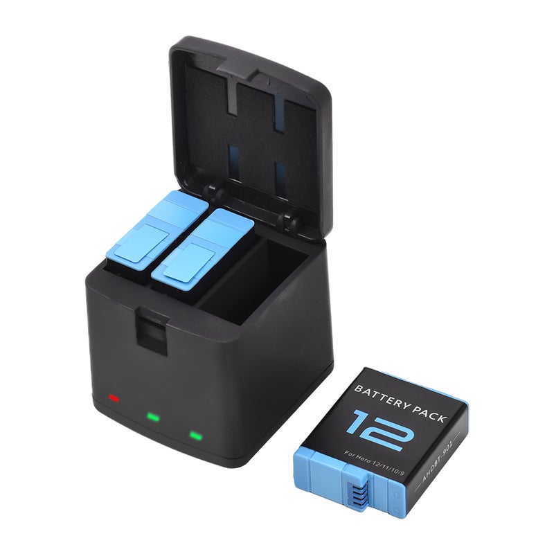 3 بطاريات بسعة 1800 مللي أمبير ساعة + شاحن بطاريات بـ 3 فتحات ومفتاح USB متوافق مع GoPro Hero 12/11/10/9 - Image 1
