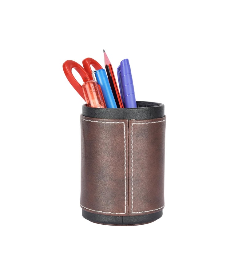 Premsons® Pen Stand Two-Tone Vegan Leather - Stylish Brown Leatherette Desk Organizer for Home & Office - Durable Faux Leather Stationery Holder, Elegant Design - Dark Brown + Black Colour - Image 5