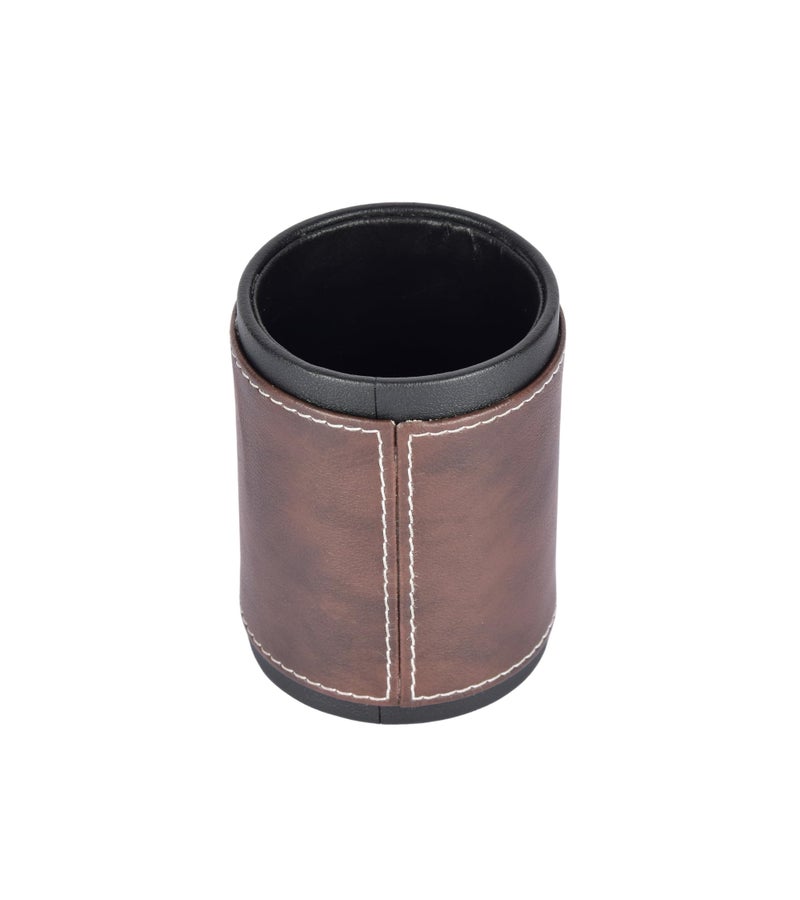 Premsons® Pen Stand Two-Tone Vegan Leather - Stylish Brown Leatherette Desk Organizer for Home & Office - Durable Faux Leather Stationery Holder, Elegant Design - Dark Brown + Black Colour - Image 4