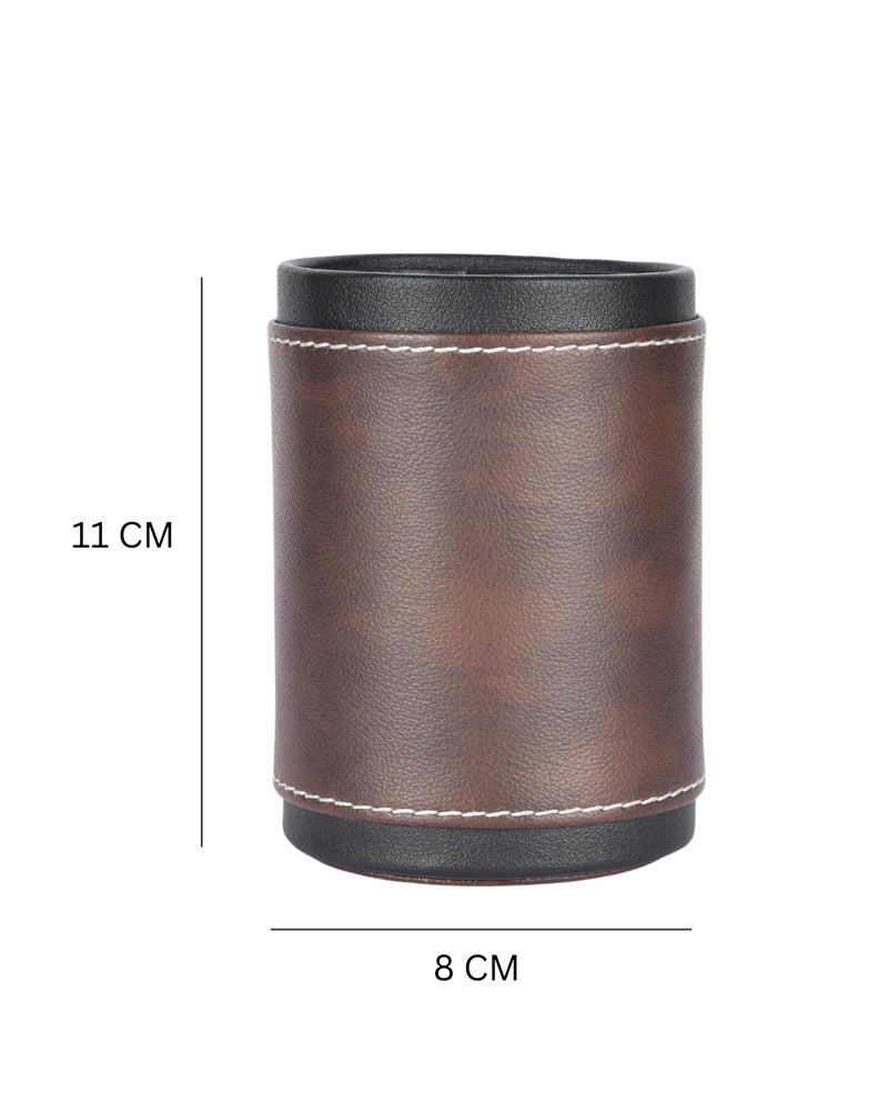 Premsons® Pen Stand Two-Tone Vegan Leather - Stylish Brown Leatherette Desk Organizer for Home & Office - Durable Faux Leather Stationery Holder, Elegant Design - Dark Brown + Black Colour - Image 2