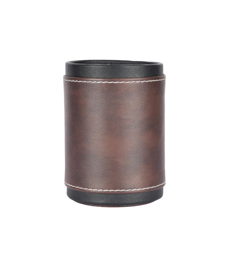 Premsons® Pen Stand Two-Tone Vegan Leather - Stylish Brown Leatherette Desk Organizer for Home & Office - Durable Faux Leather Stationery Holder, Elegant Design - Dark Brown + Black Colour - Image 1