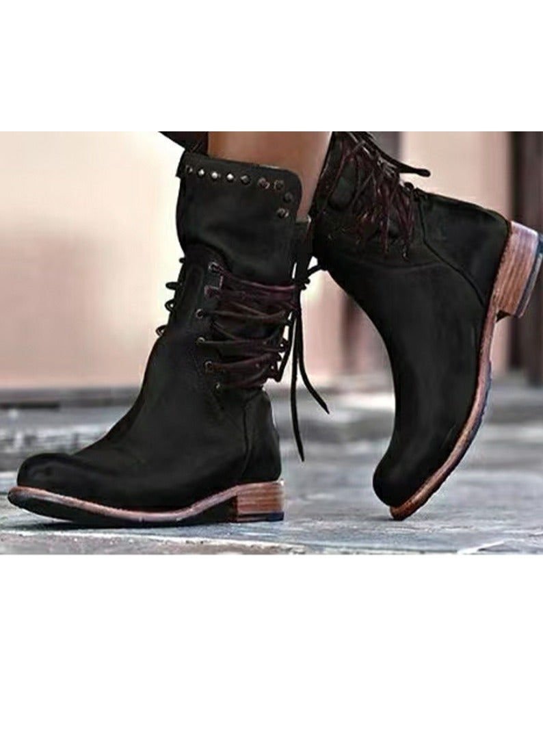 Loquat Womens Rivet Lace Up Rear Zipper Boots Vintage Boots Black 