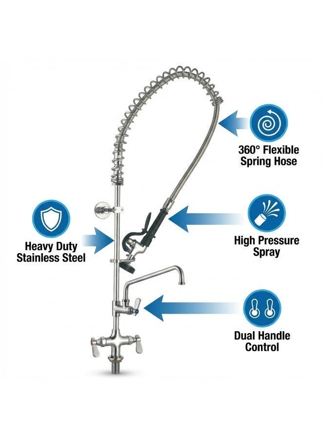 Commercial Pre-Rinse Kitchen Faucet with Sprayer, Heavy Duty Stainless Steel Restaurant Sink Faucet, Dual Handle Mixer Tap with Flexible Spring Hose - Image 3