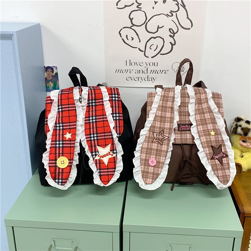 Korean Style Plaid Large Capacity Student Backpack with Bunny Ears - Image 1