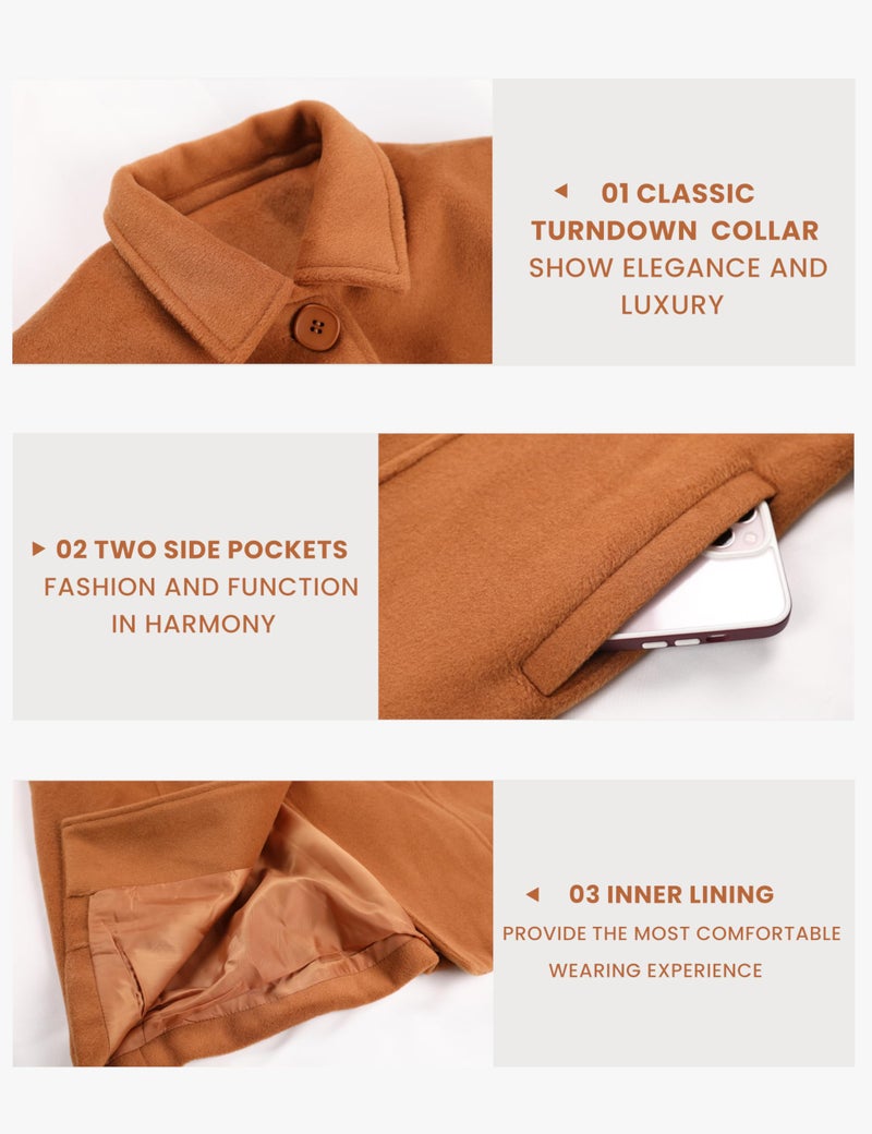UANEO Womens Pea Coat Faux Wool Single Breasted Long Trench Coat Peacoat Dress Coat Winter (Caramel-M) - Image 3