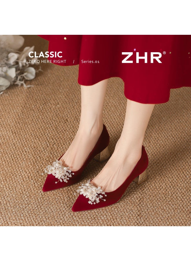 Zhr Zez High Heels Women  New Xiuhua Engagement Shoes Comfortable Chunky Heel Pointed Toe Elegant Bridal Wedding Shoes - Image 1