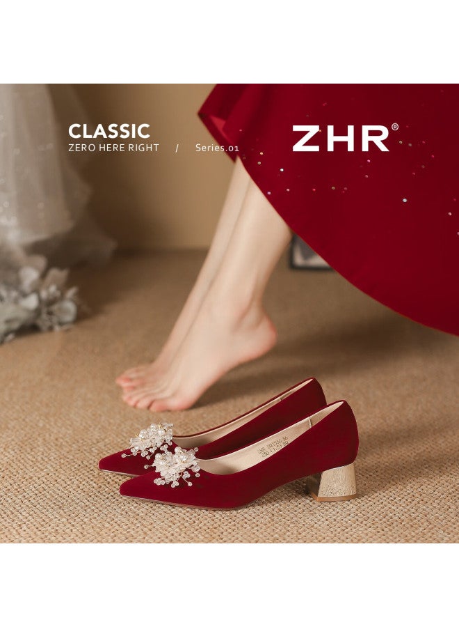 Zhr Zez High Heels Women  New Xiuhua Engagement Shoes Comfortable Chunky Heel Pointed Toe Elegant Bridal Wedding Shoes - Image 2