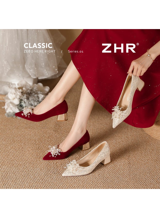 Zhr Zez High Heels Women  New Xiuhua Engagement Shoes Comfortable Chunky Heel Pointed Toe Elegant Bridal Wedding Shoes - Image 5