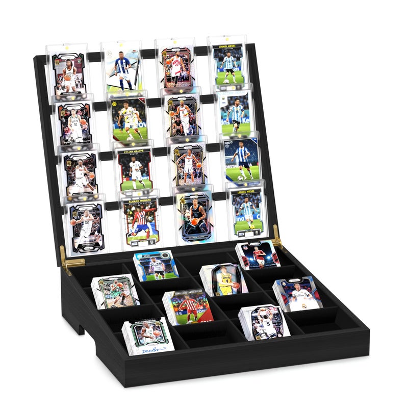 Emfogo Wooden Card Sorting Tray Trading Card Display, 16-Compartment Trading Cards Organizer with Handle Design, Cards Sorter for Sports, Trading, TCG, Game, and Collection Display, Black - Image 1