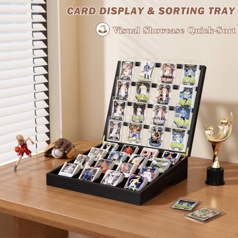Emfogo Wooden Card Sorting Tray Trading Card Display, 16-Compartment Trading Cards Organizer with Handle Design, Cards Sorter for Sports, Trading, TCG, Game, and Collection Display, Black - Image 2