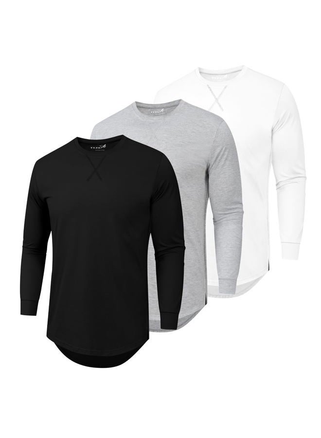 TEZO Mens 3 Pack Plain Cotton Shirts Short Sleeve Casual Crew Neck T-Shirts Hipster Hip Hop Longline Tees Drop Cut Curved Hem, L-black+light Grey+white, L - Image 1