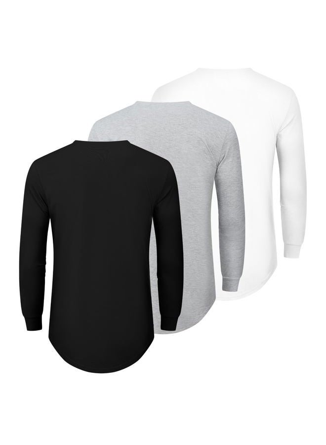 TEZO Mens 3 Pack Plain Cotton Shirts Short Sleeve Casual Crew Neck T-Shirts Hipster Hip Hop Longline Tees Drop Cut Curved Hem, L-black+light Grey+white, L - Image 4