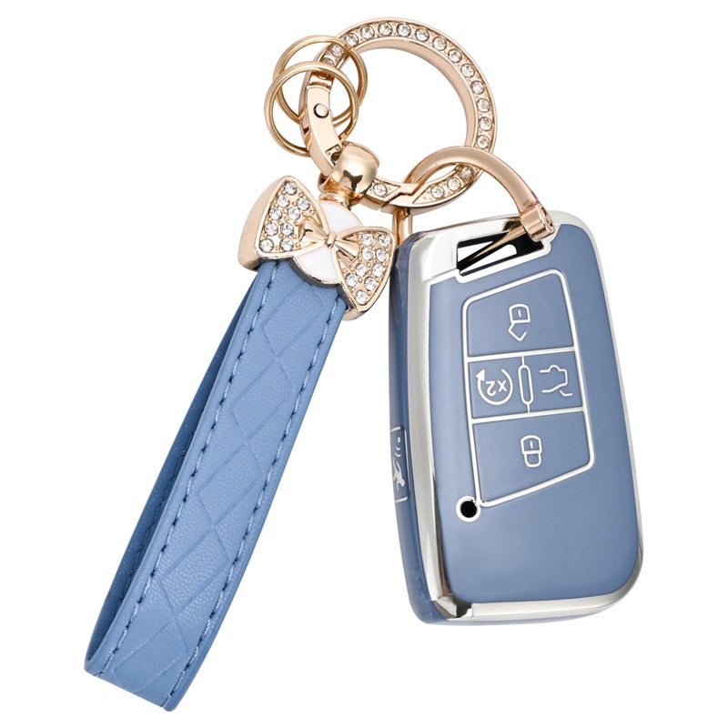 JAMCARI Key Fob Cover for Volkswagen with Keychain, Soft TPU Protection Car Key Case for VW Tiguan Atlas Taos SEL Jetta GLI Passat Arteon Golf Alltrack Remote Start Smart Key (Blue) - Image 1