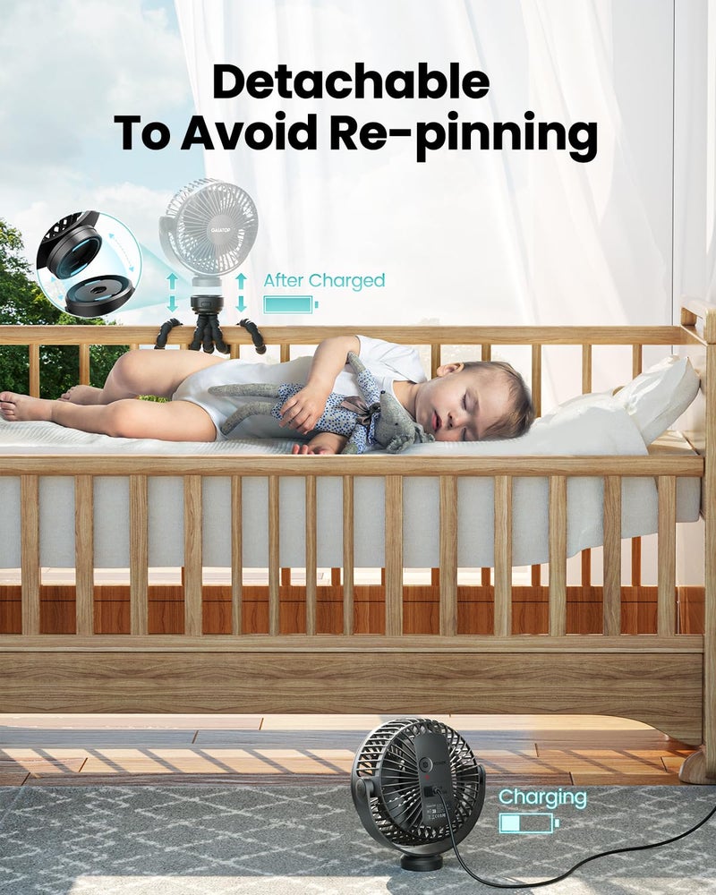 Gaiatop Mini Portable Stroller Fan, Battery Operated Small Clip on, Detachable 3 Speed Rechargeable, 360Â° Rotate Flexible Tripod Better Cooling for Car Seat Crib Treadmill Travel Black - Image 4