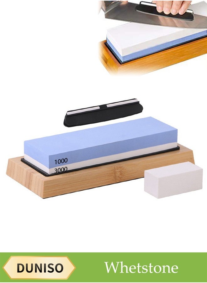 DUNISO Household Sharpening Stone，1000/6000 Waterstone，White Corundum Double-sided Sharpening Stone Set, Including Sharpening Stone, Silicone Pad, Bamboo Base, Knife Clip, Correction Stone，Blue and White  - Image 1