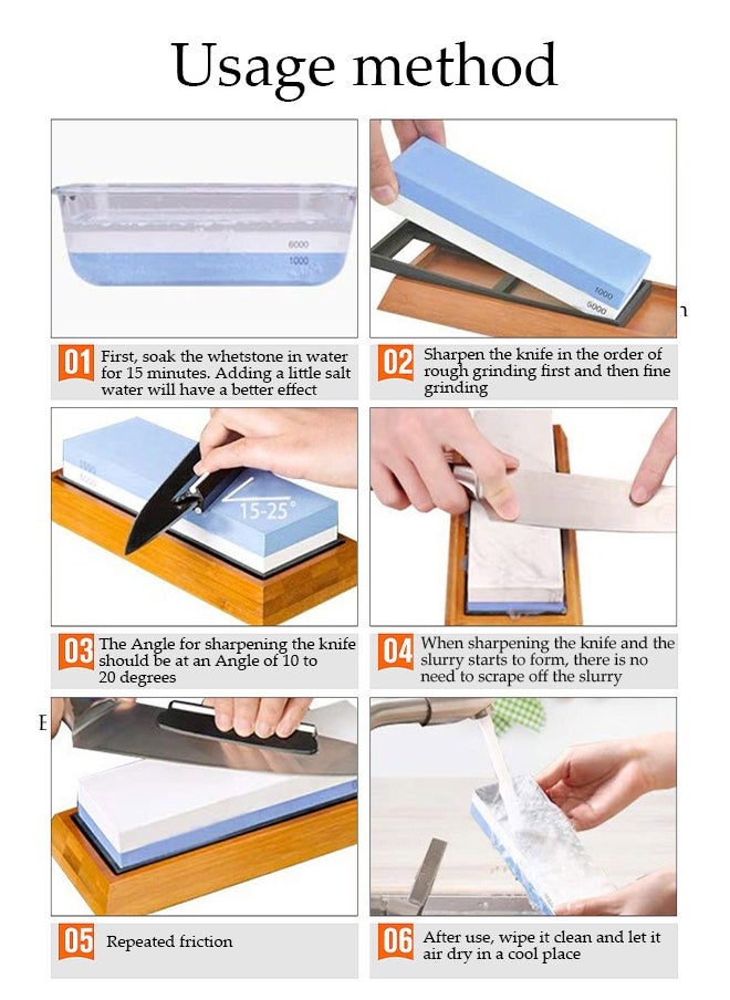 DUNISO Household Sharpening Stone，1000/6000 Waterstone，White Corundum Double-sided Sharpening Stone Set, Including Sharpening Stone, Silicone Pad, Bamboo Base, Knife Clip, Correction Stone，Blue and White  - Image 4
