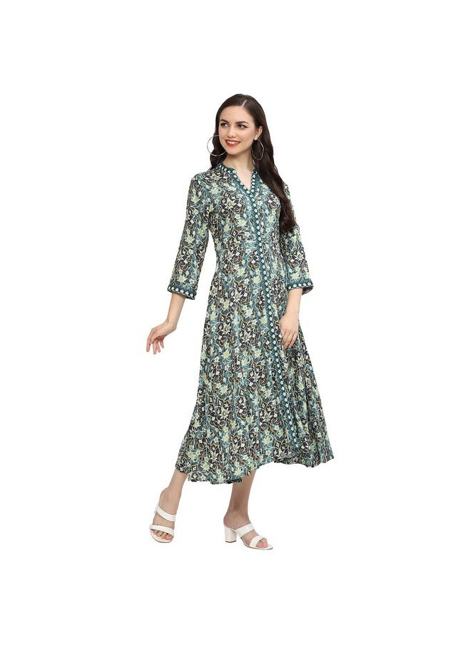 Biba - BIBA Women Printed Straight Calf Length Mix & Match (Sumarkun2171_Botle Green_34, Dress) - Image 1