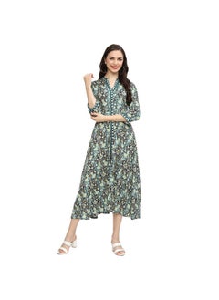 BIBA Women Printed Straight Calf Length Mix & Match (Sumarkun2171_Botle Green_34, Dress)