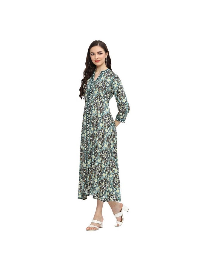 Biba - BIBA Women Printed Straight Calf Length Mix & Match (Sumarkun2171_Botle Green_34, Dress) - Image 1