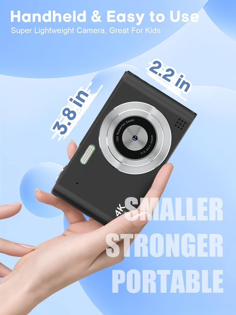 BEARBISU Digital Camera, 44MP Full HD 1080P Point and Shoot Camera with 64GB Card, Anti Shake 16X Zoom Compact Volg Cameras, Portable Small Camara Gift for Kids, Ages Teen Girl Boy - Black - Image 3