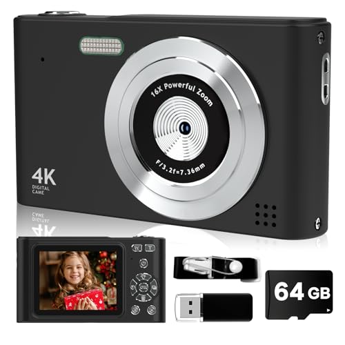 BEARBISU Digital Camera, 44MP Full HD 1080P Point and Shoot Camera with 64GB Card, Anti Shake 16X Zoom Compact Volg Cameras, Portable Small Camara Gift for Kids, Ages Teen Girl Boy - Black - Image 1