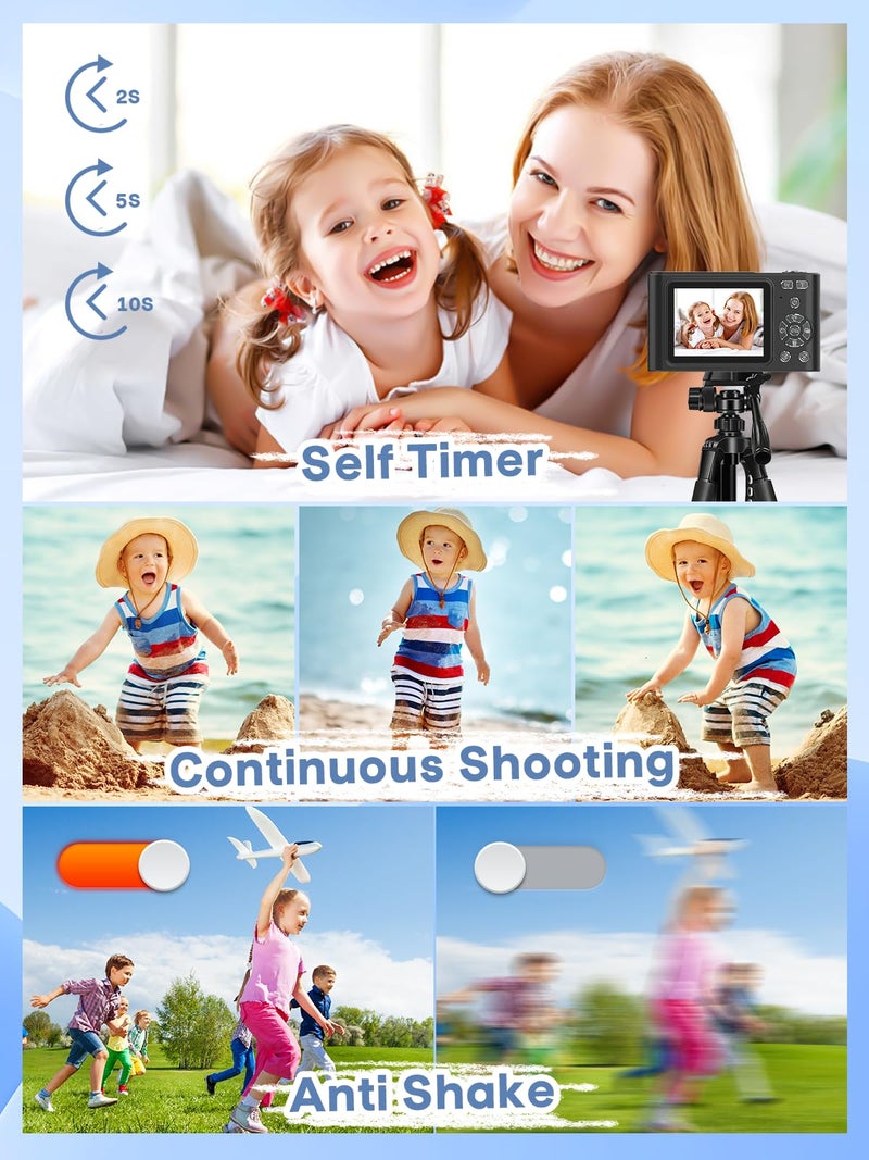 BEARBISU Digital Camera, 44MP Full HD 1080P Point and Shoot Camera with 64GB Card, Anti Shake 16X Zoom Compact Volg Cameras, Portable Small Camara Gift for Kids, Ages Teen Girl Boy - Black - Image 5