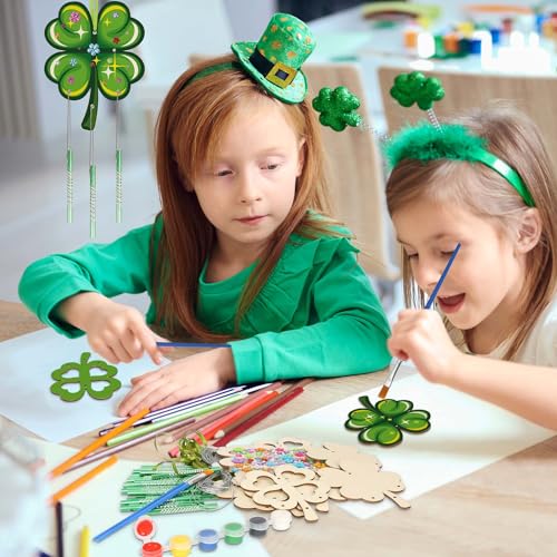 Fennoral 10 Pack St Patricks Day Shamrock Wind Chime Kit for Kids Make You Own Four Leaf Clover Wind Chimes St Patricks Day Wooden Ornaments for Kids Art and Craft StPatricks Day Party Decoration - Image 3