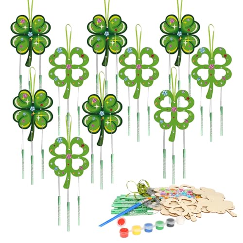 Fennoral 10 Pack St Patricks Day Shamrock Wind Chime Kit for Kids Make You Own Four Leaf Clover Wind Chimes St Patricks Day Wooden Ornaments for Kids Art and Craft StPatricks Day Party Decoration - Image 1