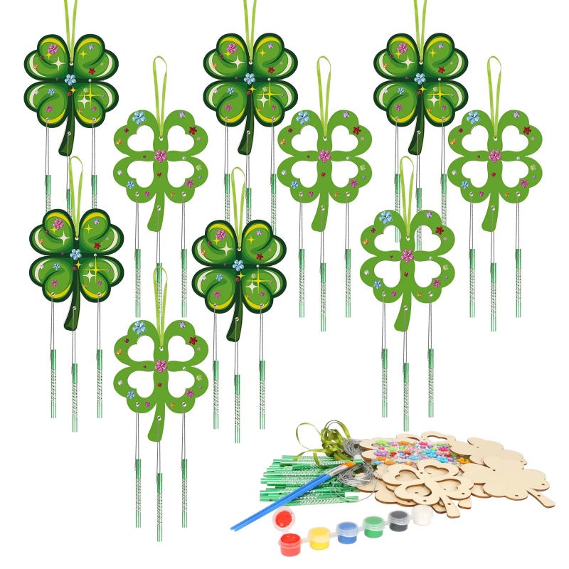 Fennoral 10 Pack St Patricks Day Shamrock Wind Chime Kit for Kids Make You Own Four Leaf Clover Wind Chimes St Patricks Day Wooden Ornaments for Kids Art and Craft StPatricks Day Party Decoration - Image 2