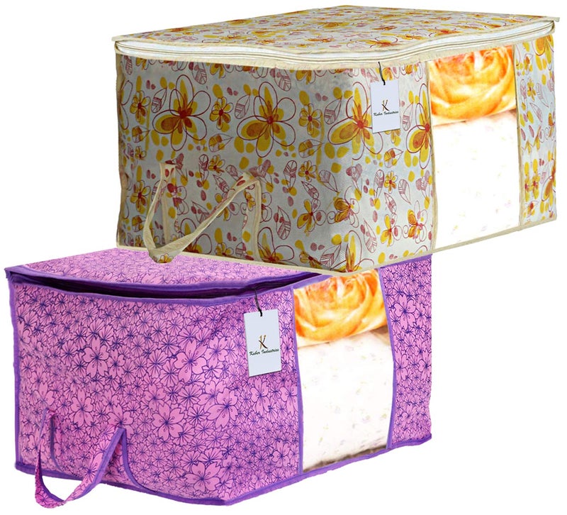 Kuber Industries Metalic Printed 2 Piece Non Woven Fabric Underbed Storage BagCloth OrganiserBlanket Cover with Transparent Window Pink Purple Ivory Red CTKTC041055 - Image 1