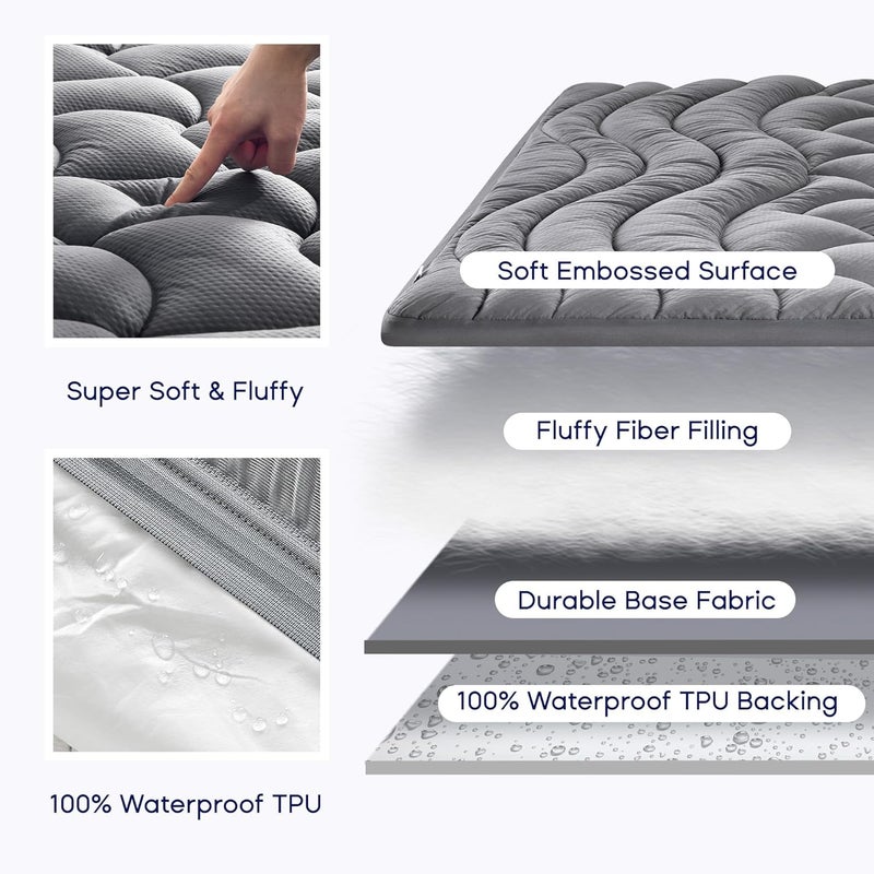 SLEEP ZONE وسادة مرتبة مقاومة للماء من سليب زون بحجم كوين، غطا�� واقي مبطن قابل للتنفس مع جيوب عميقة تناسب 8-21 بوصة، رمادي - Image 2