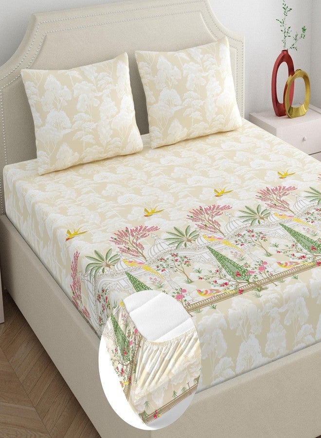 Home Ecstasy 100% Cotton King Fitted Bedsheet with 2 Pillow Covers - (Size 72 x 78 inches, 140 TC, Colour - Beige) - Image 1