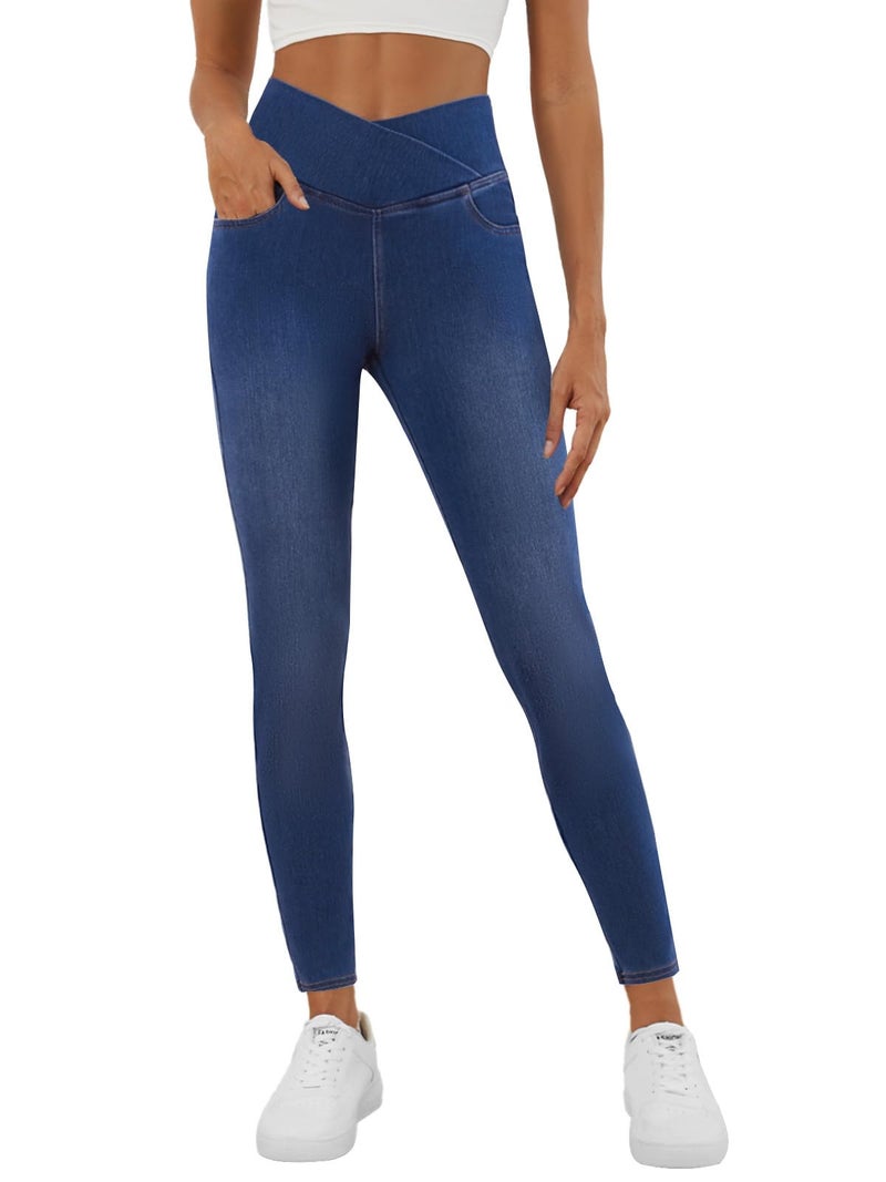 COPYLEAF Stretchy Jeans for Women Trendy Butt Lifting Leggings with Pockets Crossover Waisted Jeggings Pull on Skinny Jeans Medium Wash - Image 1