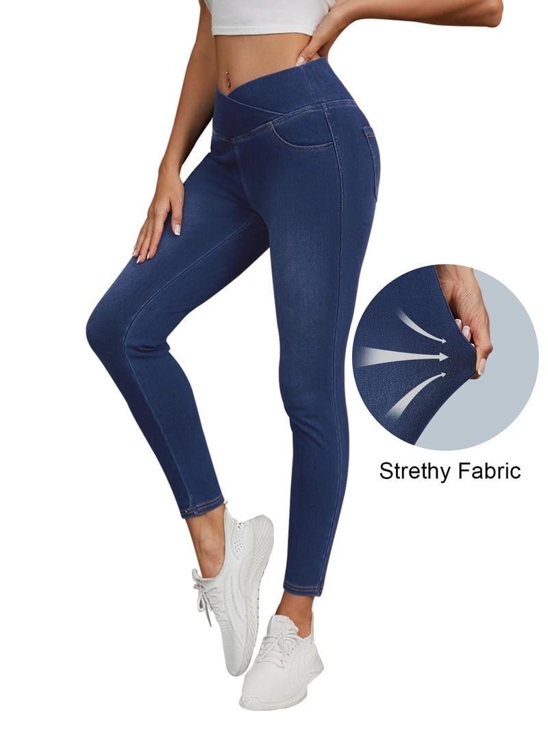 COPYLEAF Stretchy Jeans for Women Trendy Butt Lifting Leggings with Pockets Crossover Waisted Jeggings Pull on Skinny Jeans Medium Wash - Image 4