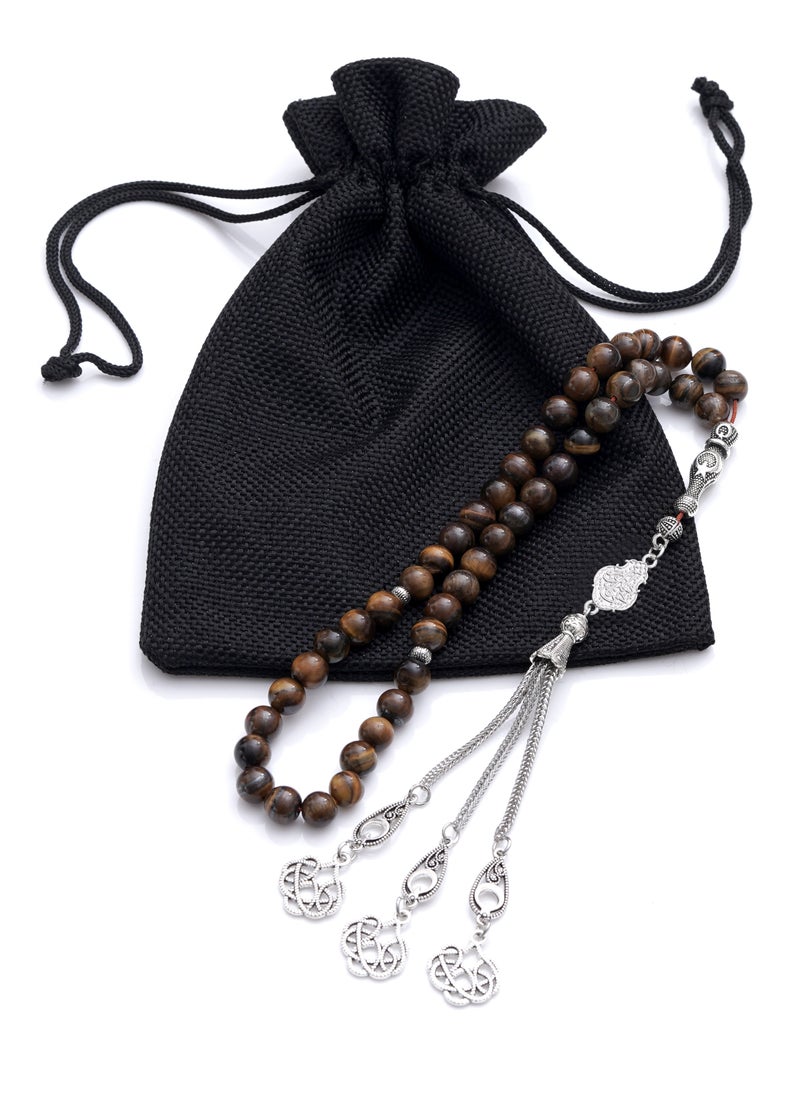 Subhati Prayer Beads (Misbah  ) with metal Parts and  Tiger Eye  | 8 MM Beads - 45 Pcs |Gandeel Writing 4  - Image 3