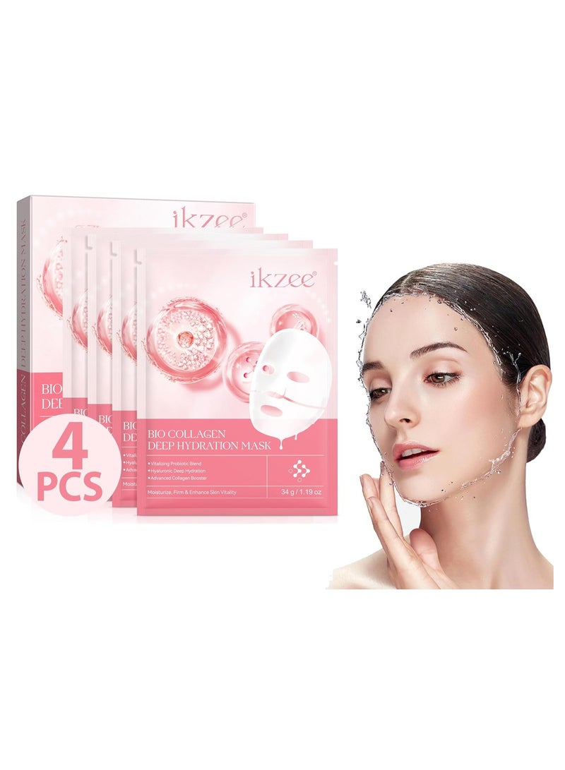 IKZEE Hydrating Collagen Face Masks, Bio-Collagen Real Deep Collagen Overnight Mask with Low Molecular Weight Collagen for Lifting, Firming, Moisturizing, Elasticity Improvement (4 Sheets Per Box) - Image 1