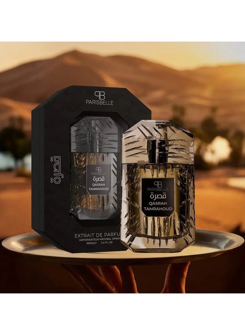 Parisbelle Qasrah TAMRAHOUD Eau de Parfum Unisex 100ml | Long Lasting Exotic Oriental Woody Fragrance | Passion Fruit Saffron Turkish Rose Oud Leather Amber Vanilla Luxury Perfume for Men & Women - Image 1