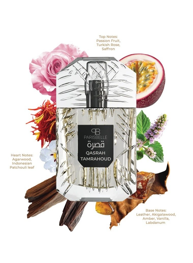 Parisbelle Qasrah TAMRAHOUD Eau de Parfum Unisex 100ml | Long Lasting Exotic Oriental Woody Fragrance | Passion Fruit Saffron Turkish Rose Oud Leather Amber Vanilla Luxury Perfume for Men & Women - Image 3