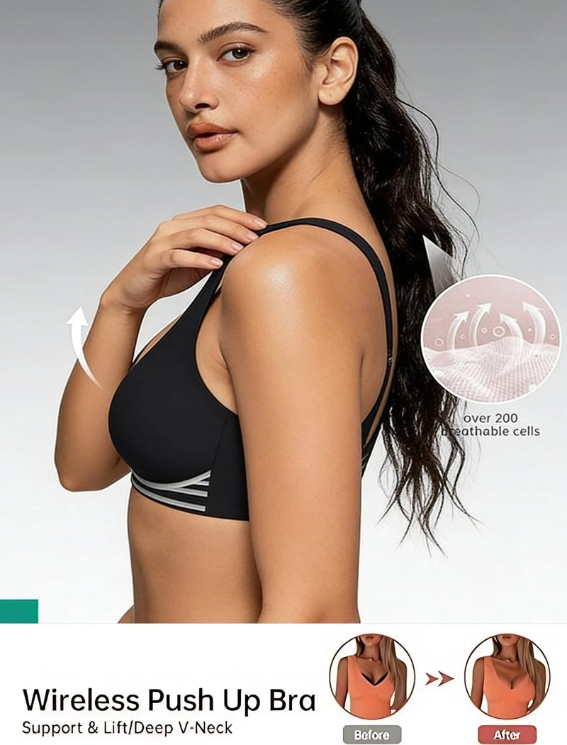 Dopheuor 2026 Women Jelly Seamless Wireless Push Up Bras Deep V No Underwire Supportive Everyday Bra Full Coverage Plunge Bralettes Dark Black - Image 4