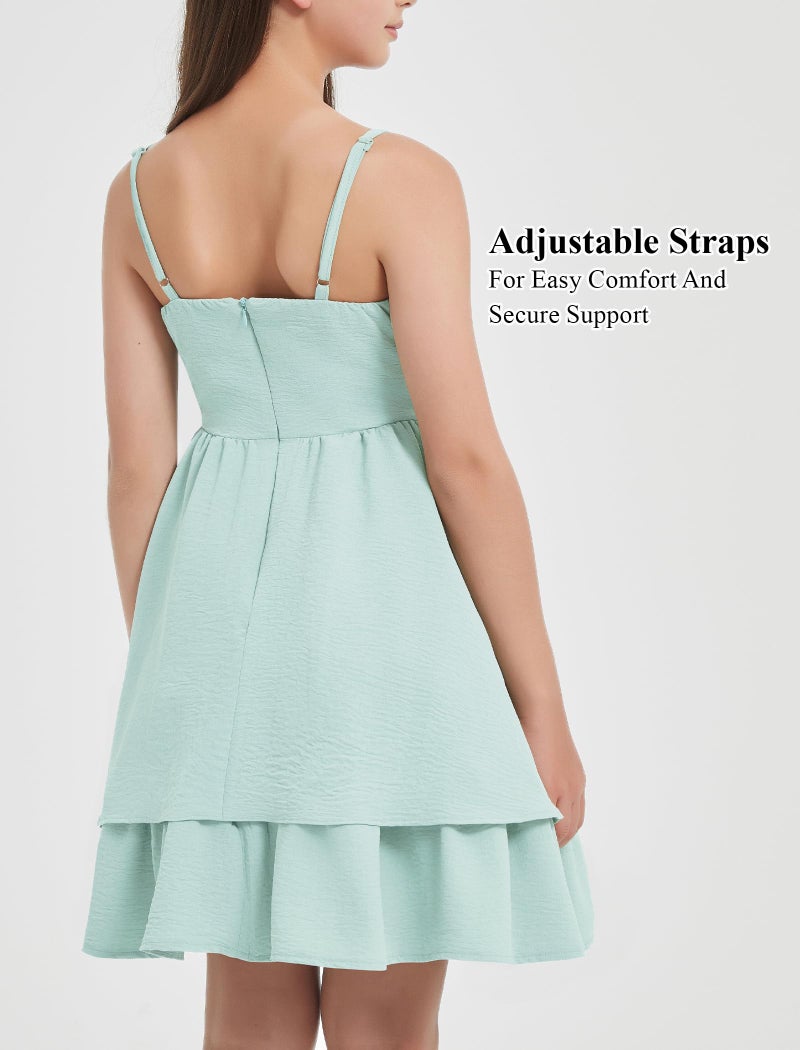 EXARUS Girls Dress Mint Green Teen Easter Church Formal Back to School Homecoming Dance Casual Tween Swing Ruched Flowy Ruffle Summer Spaghetti Strap Adjustable Outfits Dresses Cami for 12 Years - Image 4