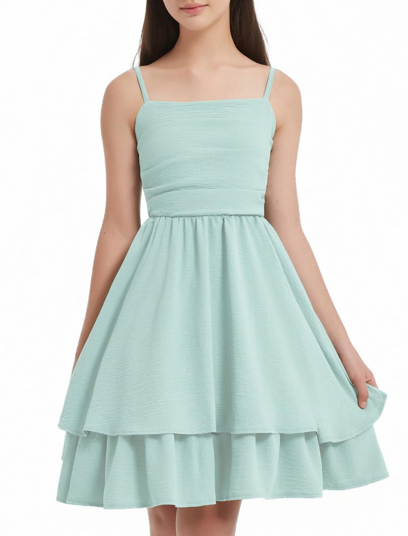 EXARUS Girls Dress Mint Green Teen Easter Church Formal Back to School Homecoming Dance Casual Tween Swing Ruched Flowy Ruffle Summer Spaghetti Strap Adjustable Outfits Dresses Cami for 12 Years - Image 2