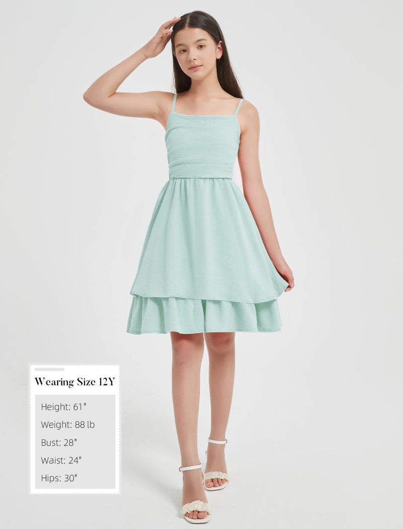 EXARUS Girls Dress Mint Green Teen Easter Church Formal Back to School Homecoming Dance Casual Tween Swing Ruched Flowy Ruffle Summer Spaghetti Strap Adjustable Outfits Dresses Cami for 12 Years - Image 5