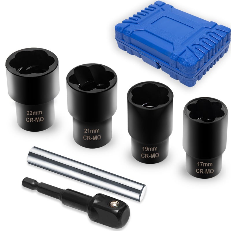 Vouyar 6 PCS Lug Nut Remover Socket Set Heavy Duty 1/2" Drive Wheel Lock Bolt Extractor Kit Large Size 17-22mm for Damaged, Stripped, Rounded Bolts and Fasteners, Cr-Mo Steel - Image 1