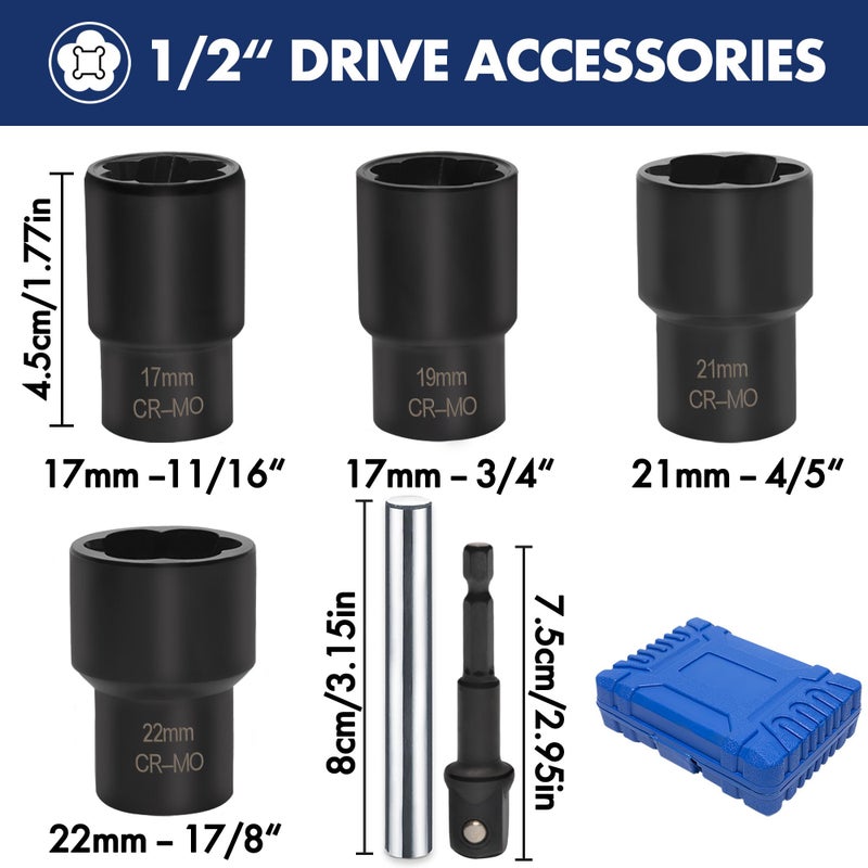 Vouyar 6 PCS Lug Nut Remover Socket Set Heavy Duty 1/2" Drive Wheel Lock Bolt Extractor Kit Large Size 17-22mm for Damaged, Stripped, Rounded Bolts and Fasteners, Cr-Mo Steel - Image 2