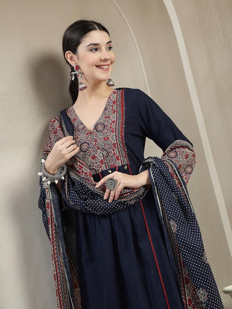 Stylum Women's Ajrakh Printed Cotton A-Line Kurta Pant Dupatta Set - Image 5