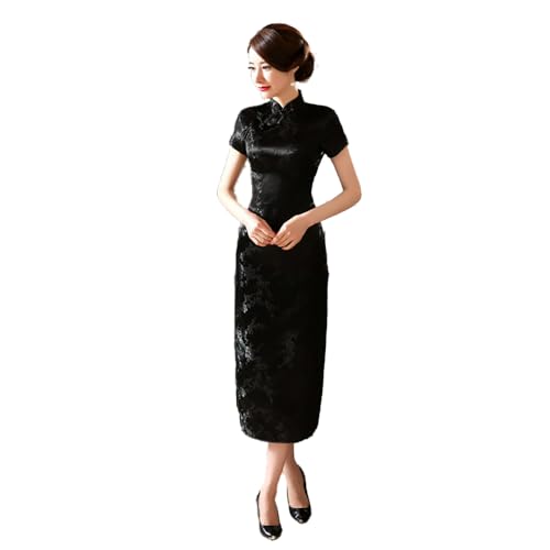 STIOEDYUAN Women Cheongsam Long Dress Evening Short Sleeve Slim Fit Maxi Dress Floral Faux Silk Stand Collar Bodycon Qipao (US, Alpha, X-Small, Black) - Image 1