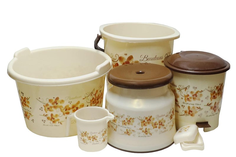 AOOMI Flower Printed Square 6 Pcs Bathroom Set in BucketTubMug 1LStoolDustbinSoap Case - Image 1