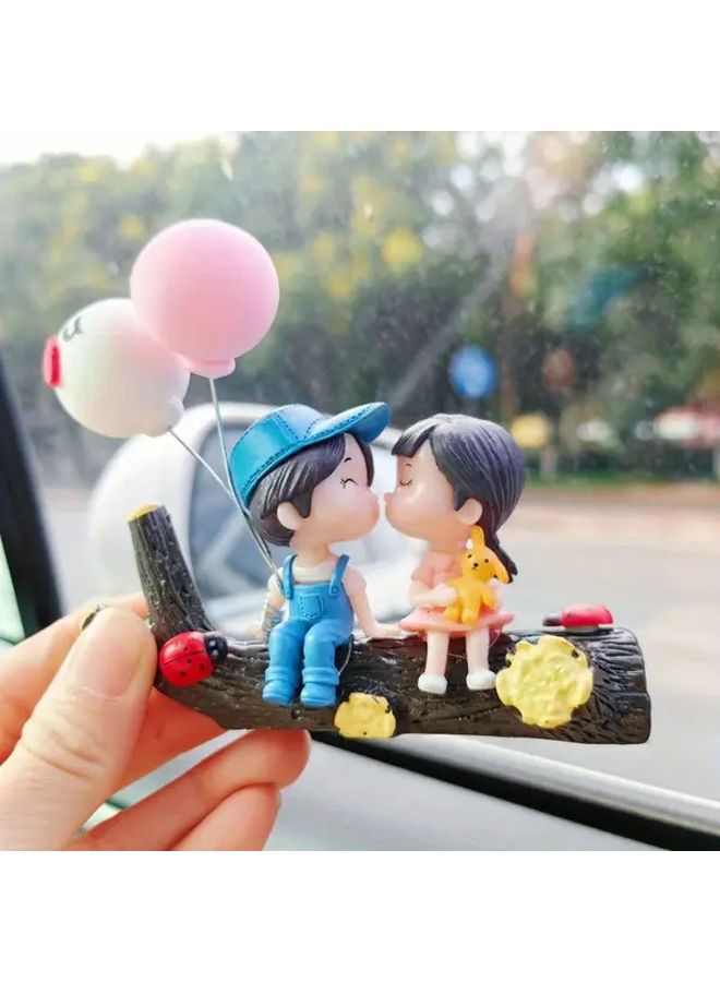 Blue Car Dashboard Figurines Set Cartoon Couple With Balloons Valentine Gift - Image 2